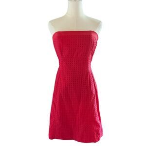 White House Black Market Hot Pink Strapless Eyelet Dress 6 Cotton Cocktail Party